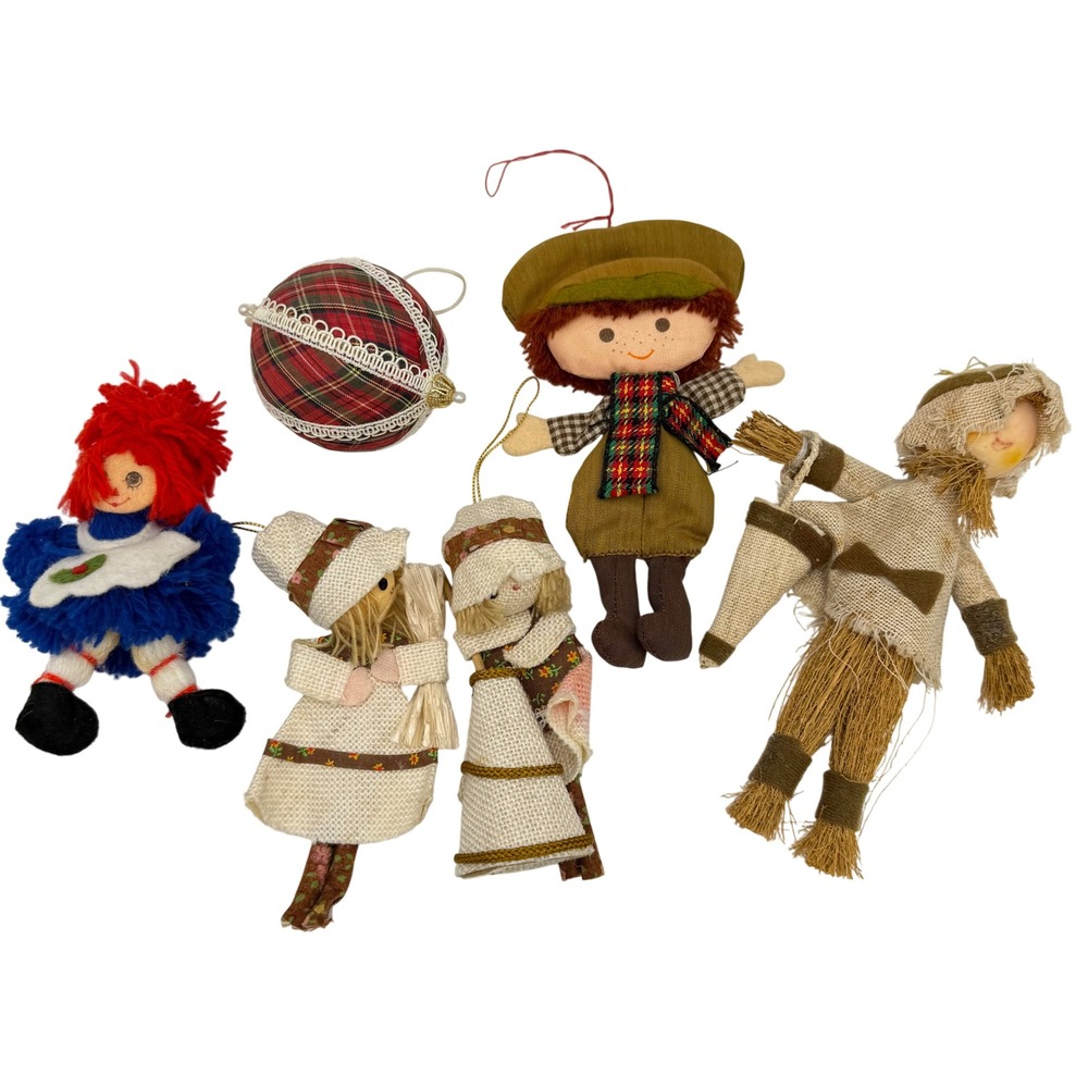 Vtg 1970s Raggedy Ann Burlap‎ Pioneer Newsboy Christmas Ornaments Swedish Lot 6